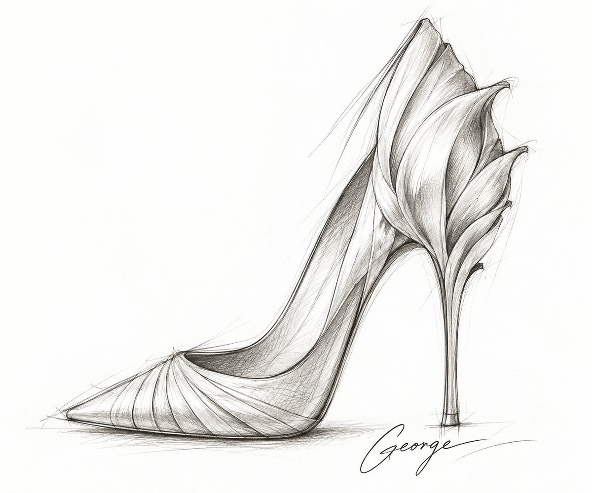 George's sketch of a Leocé bridal shoe