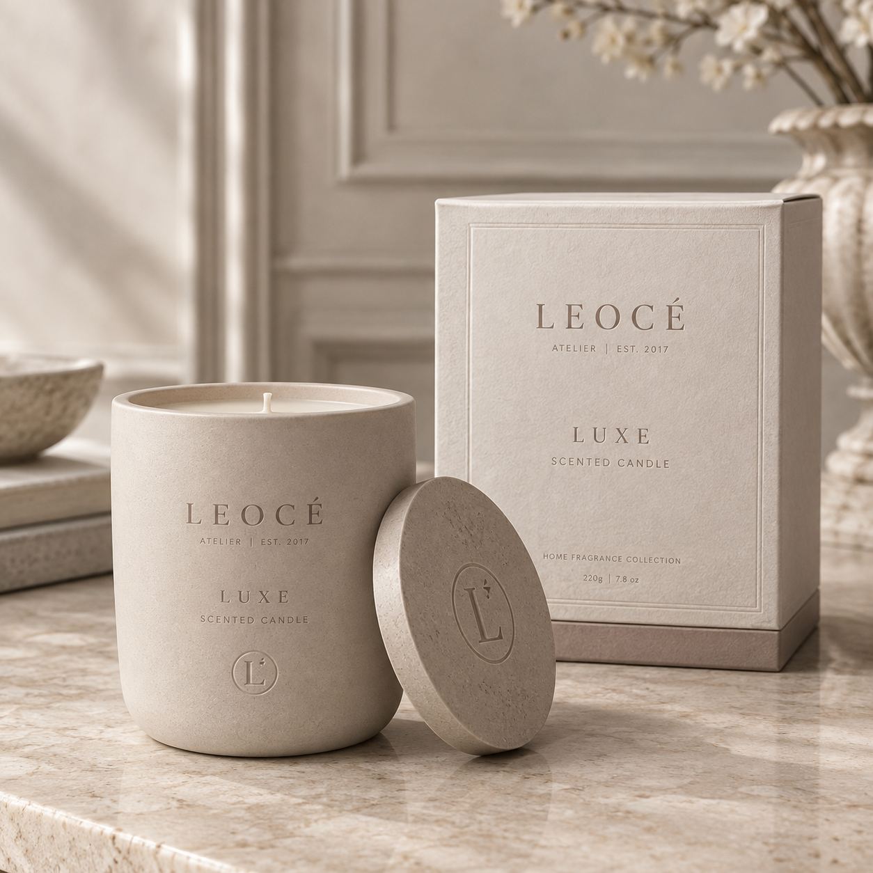 The Leocé Luxe candle and its box